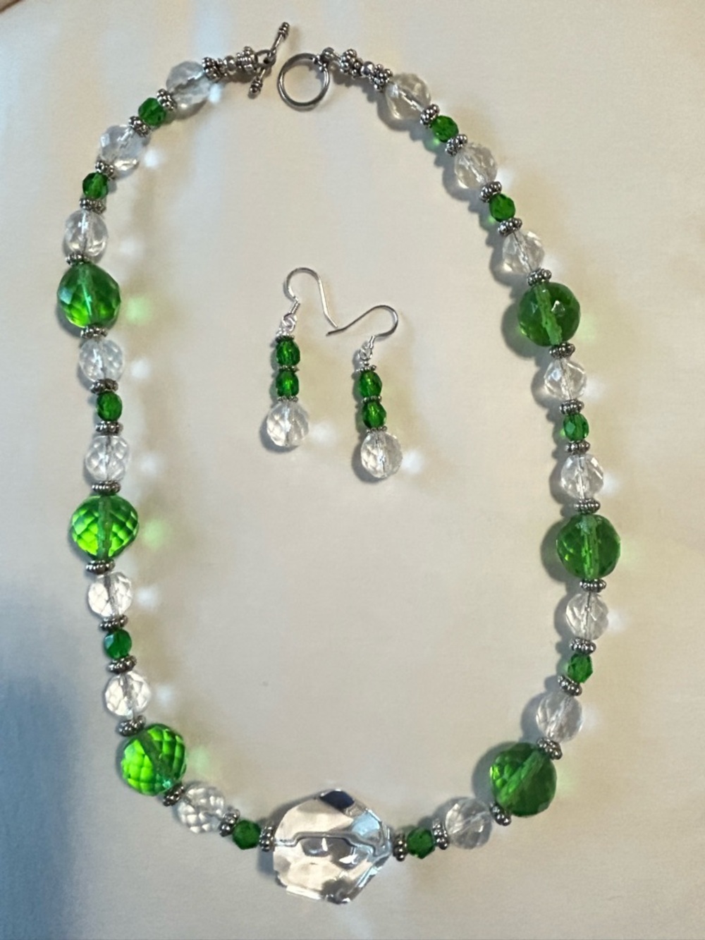Handcrafted Green and Clear Glass Beaded Necklace and Earring Set